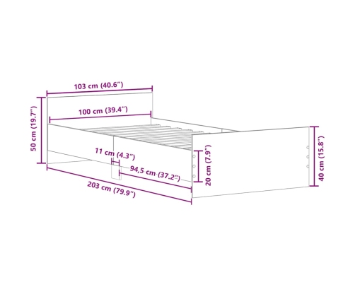Estructura de cama madera de ingeniería gris Sonoma 100x200 cm