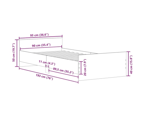 Estructura de cama madera de ingeniería gris hormigón 90x190 cm