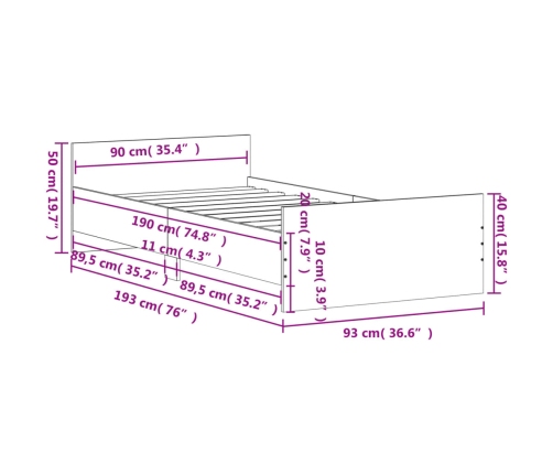 Estructura de cama madera de ingeniería gris Sonoma 90x190 cm