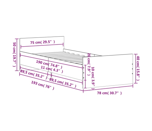 Estructura de cama madera de ingeniería negra 75x190 cm