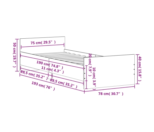 Estructura cama sin colchón madera roble ahumado 75x190 cm