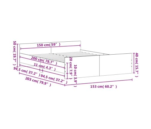 vidaXL Estructura de cama con cabecero piecero roble marrón 150x200 cm