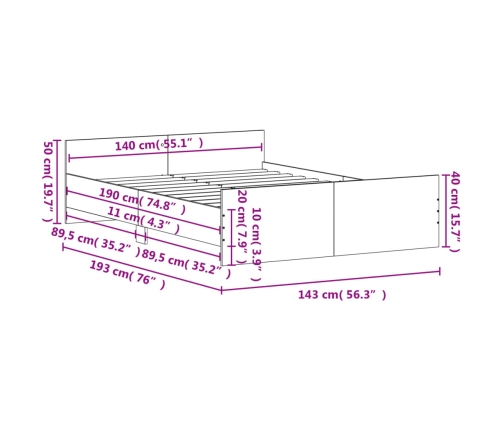 vidaXL Estructura de cama con cabecero piecero roble marrón 140x190 cm