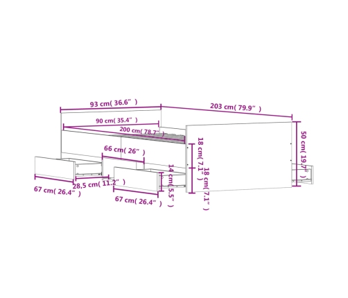 Estructura de cama con cabecero piecero roble marrón 90x200 cm