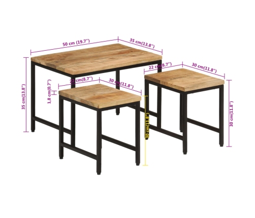 Mesas apilables 3 piezas madera de mango rugosa maciza y hierro