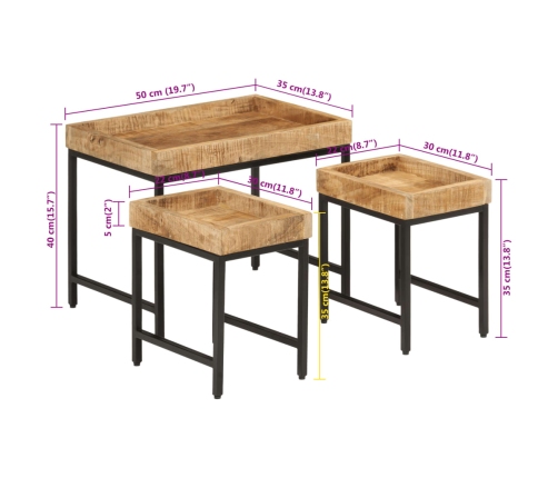 Mesas apilables 3 piezas madera de mango rugosa maciza y hierro