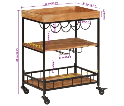 Carrito de bar de madera maciza de acacia y hierro 60x40x80 cm