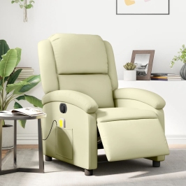 Sillón reclinable de masaje eléctrico cuero auténtico crema