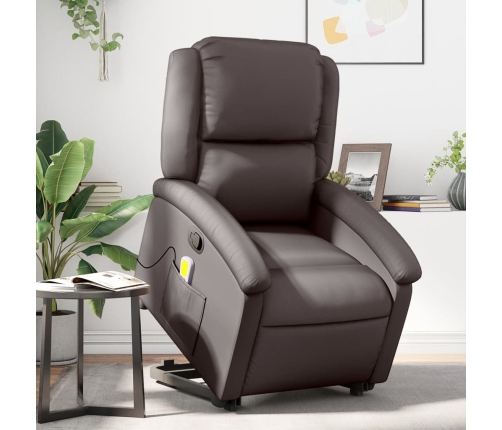 Sillón reclinable masaje elevable cuero auténtico marrón oscuro