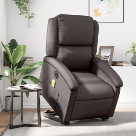 Sillón masaje eléctrico elevable cuero auténtico marrón oscuro