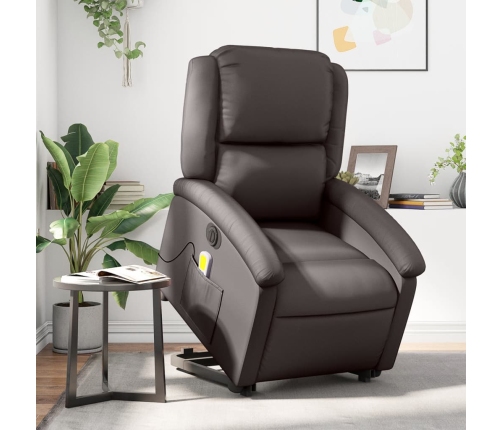 Sillón masaje eléctrico elevable cuero auténtico marrón oscuro