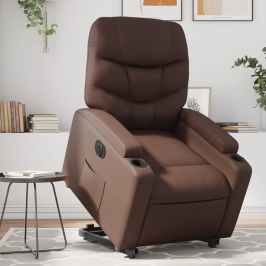 Sillón reclinable elevable eléctrico de cuero sintético marrón