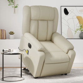 Sillón de masaje elevable eléctrico cuero sintético crema