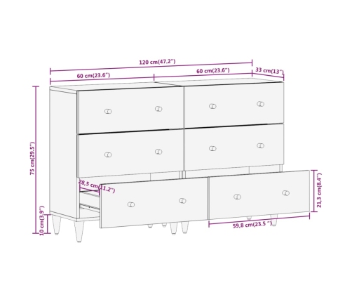 Aparador 2 piezas madera maciza de mango 60x33x75 cm