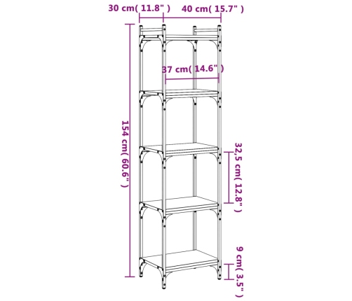 Librería 5 estantes madera ingeniería roble ahumado 40x30x154cm