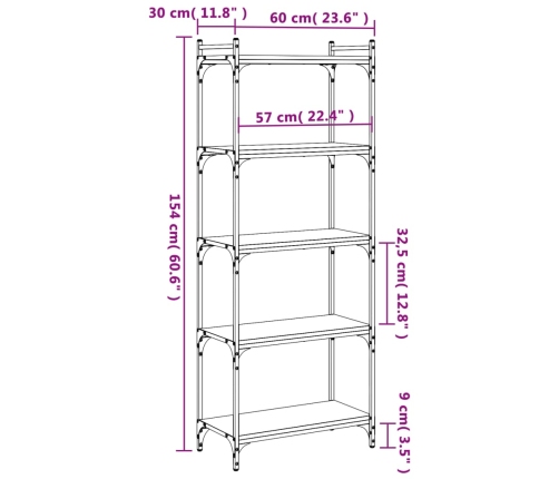 Librería 5 estantes madera ingeniería roble ahumado 60x30x154cm