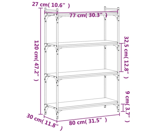 Librería 4 estantes madera ingeniería roble ahumado 80x30x120cm