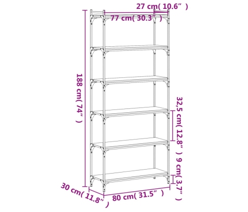 Librería 6 estantes madera ingeniería roble Sonoma 80x30x188 cm