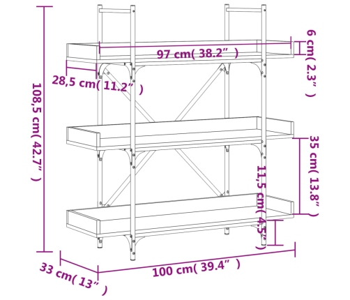 vidaXL Librería 3 estantes madera ingeniería roble 100x33x108,5 cm