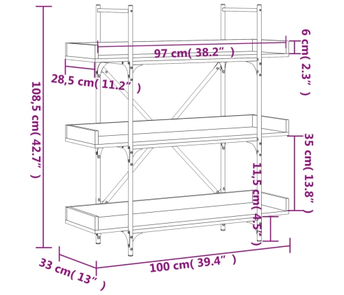 Librería 3 estantes madera ingeniería roble humo 100x33x108,5cm