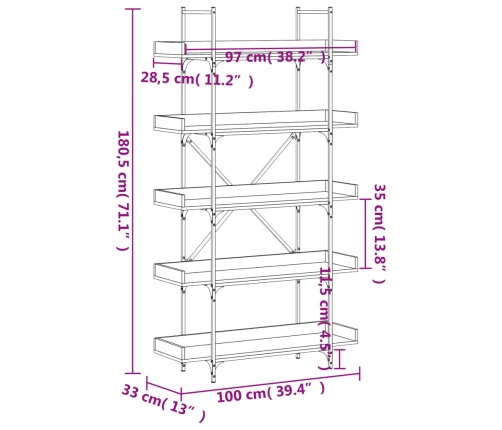 Librería de 5 estantes madera ingeniería roble ahumado