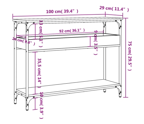 Mesa consola con estante madera ingeniería negra 100x29x75 cm