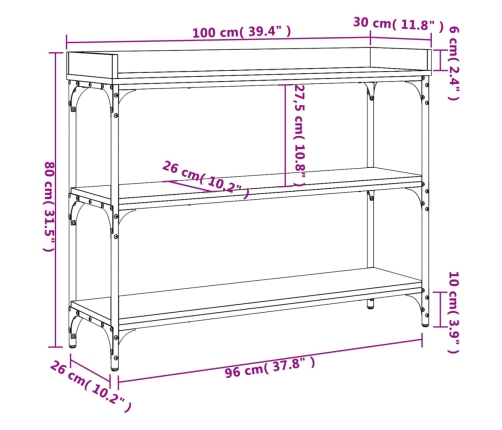 Mesa consola con estantes negro 100x30x80 cm