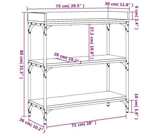 vidaXL Mesa consola con estantes roble ahumado 75x30x80 cm