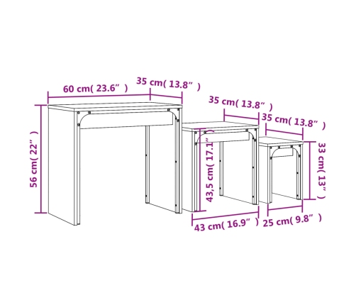 vidaXL Mesas de centro apilables 3 pzas madera ingeniería roble Sonoma