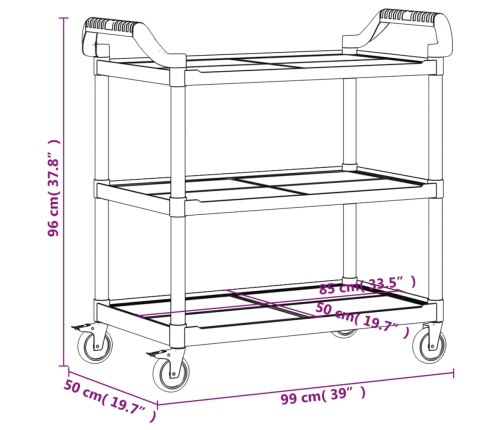 Carrito de 3 niveles aluminio gris 99x50x96 cm