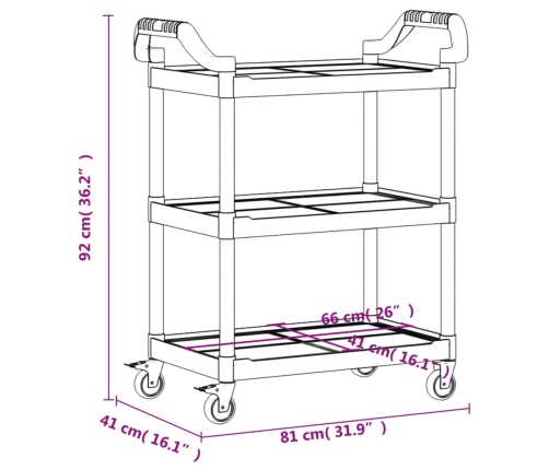 Carrito de 3 niveles aluminio negro 81x41x92 cm