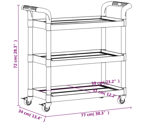 Carrito de 3 niveles aluminio negro 77x34x72 cm