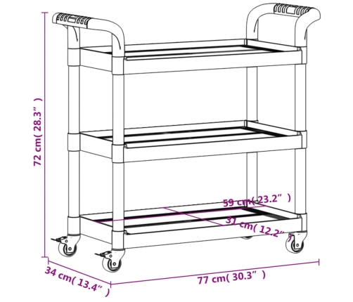 Carrito de 3 niveles aluminio gris 77x34x72 cm