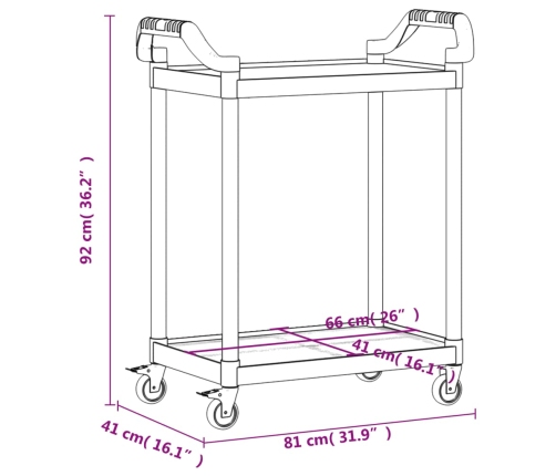 Carrito de 2 niveles aluminio gris 81x41x92 cm