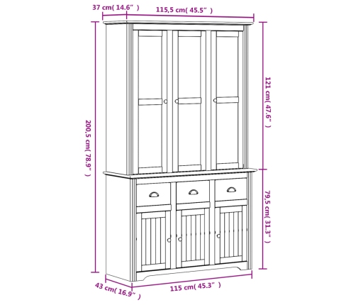 Aparador alto BODO madera maciza de pino gris 115,5x43x200,5 cm