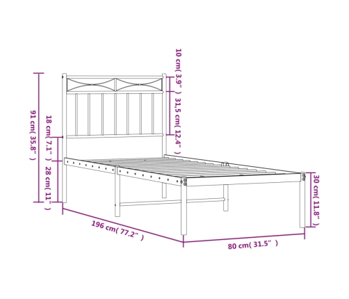 Estructura cama sin colchón con cabecero metal negro 75x190 cm