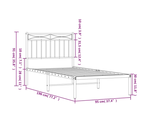 Estructura cama sin colchón con cabecero metal negro 90x190 cm