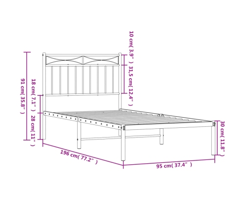 Estructura cama sin colchón con cabecero metal blanco 90x190 cm