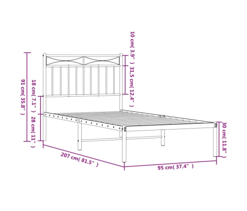 Estructura cama sin colchón con cabecero metal blanco 90x200 cm