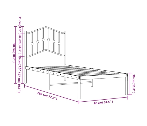 Estructura cama sin colchón con cabecero metal blanco 75x190 cm