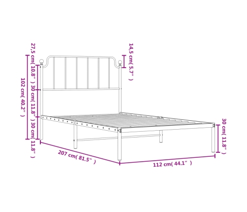 Estructura cama sin colchón con cabecero metal negro 107x203 cm