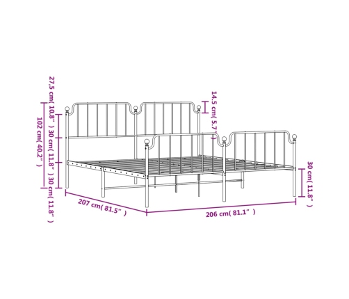 Estructura de cama cabecero y estribo metal negro 200x200 cm