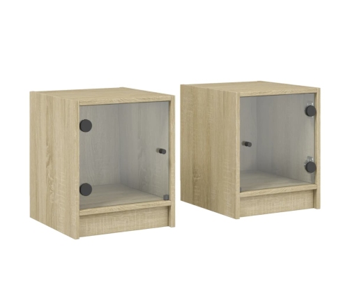 Mesitas noche con puertas vidrio 2 uds roble Sonoma 35x37x42 cm