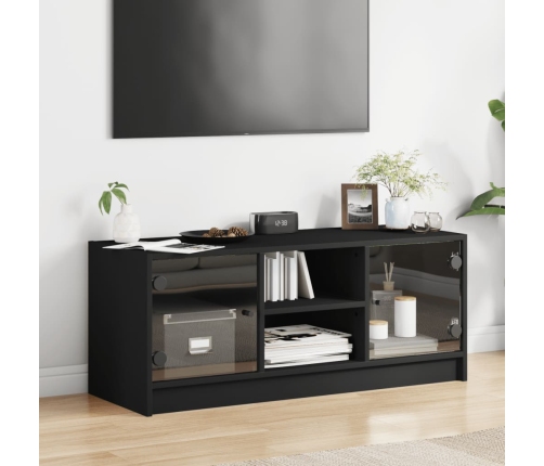 Mueble de TV con puertas de vidrio negro 102x37x42 cm