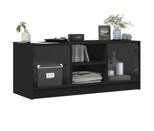 Mueble de TV con puertas de vidrio negro 102x37x42 cm