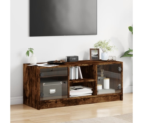 Mueble de TV con puertas de vidrio roble ahumado 102x37x42 cm