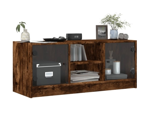 Mueble de TV con puertas de vidrio roble ahumado 102x37x42 cm