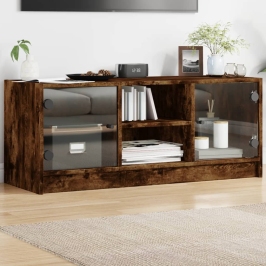 Mueble de TV con puertas de vidrio roble ahumado 102x37x42 cm