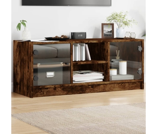 Mueble de TV con puertas de vidrio roble ahumado 102x37x42 cm