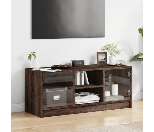 Mueble de TV con puertas de vidrio marrón roble 102x37x42 cm